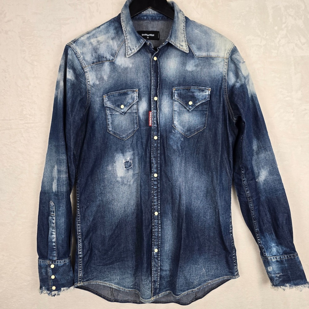 Dsquared2 Western Denim Shirt Blue Distressed Bleached Made in Italy Size 50